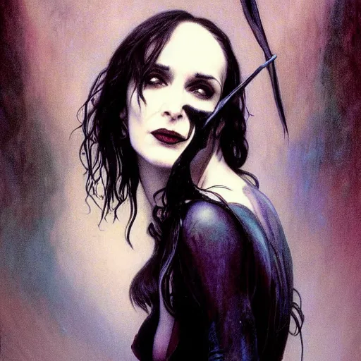 Prompt: portrait of winona ryder as death from sandman, gentle smile, by cedric peyravernay, boris vallejo, alphonse mucha, by jeremy mann, by lecouffe deharme, goth chic, soft lightning, eyeliner, punk rock, high detailed, 8 k, hyperrealism, donato giancola, joseph christian leyendecker, illustration, artgerm