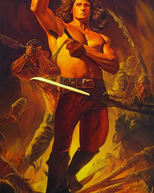 Image similar to a painting of a man holding a sword, poster art by boris vallejo and by juan gimenez and by david schleinkoferand by karel tholeand by david a. hardy, artstation, fantasy art, movie poster, poster art, reimagined by industrial light and magic