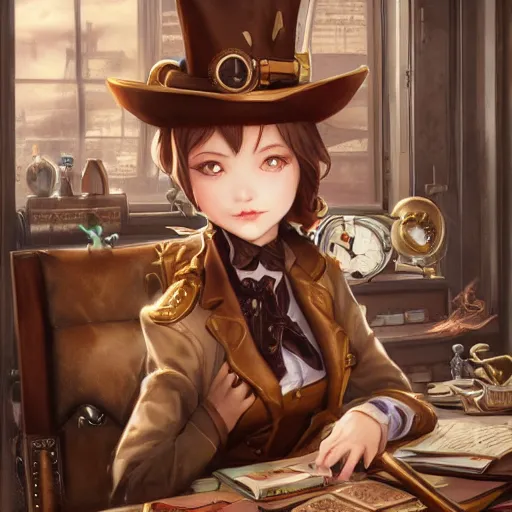 Image similar to a beautiful steampunk detective girl sitting in her office | | cute - fine - face, pretty face, fine details by stanley artgerm lau, wlop, rossdraws, james jean, andrei riabovitchev, marc simonetti, and sakimichan, trending on artstation