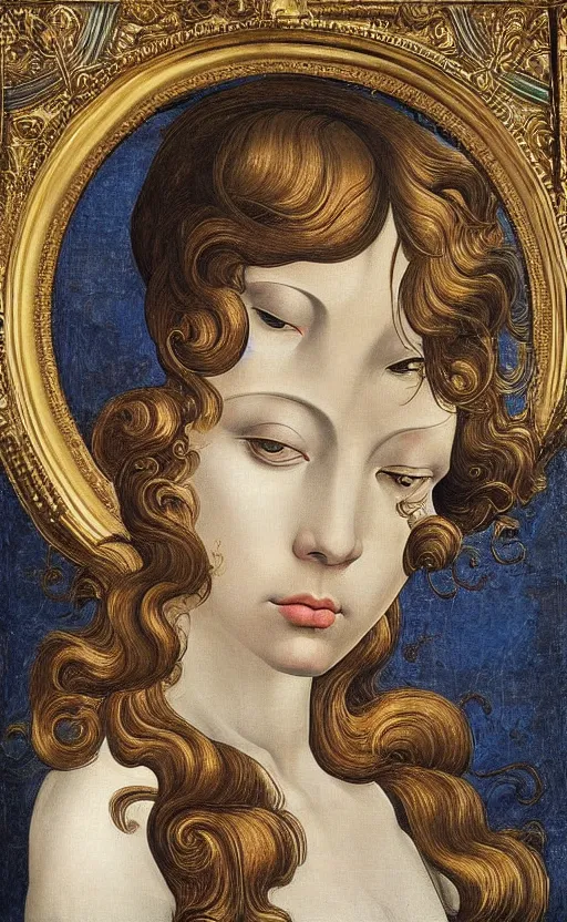 Prompt: blank canvas with an ornamental sci fi frame, beautiful metallic frame, goldn details, in the style of sandro botticelli, caravaggio, albrecth durer