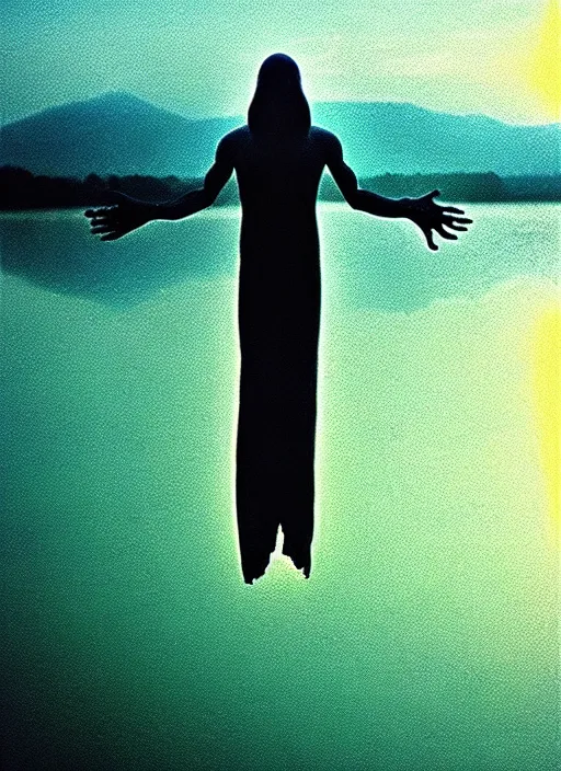 Image similar to “translucent frog body vertically hovering over misty lake waters in jesus christ pose, low angle, long cinematic shot by Andrei Tarkovsky, paranormal, eerie, mystical”