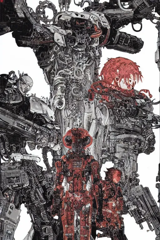 Image similar to cyborg bounty hunters at dawn, a color cover illustration by tsutomu nihei, tetsuo hara and katsuhiro otomo