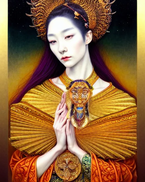 Prompt: portrait of a beautiful goddess, unusual beauty, esoteric, other worldly colors, head in focus, fantasy art, ornamental aesthetics, intricate, elegant, highly detailed hyperrealistic painting, artstation, concept art, painterly, golden ratio, sharp focus, illustration, art by chie yoshii