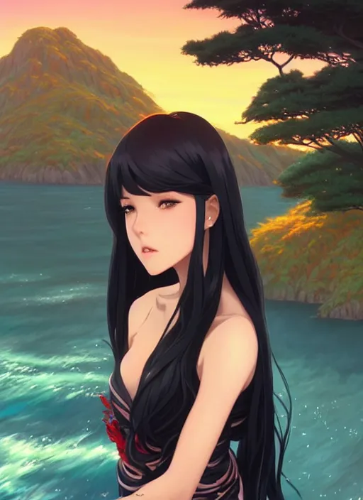 Prompt: a beautiful girl with long black hair in, island background, intricate, highly detailed, digital painting, artstation, official media, anime key visual, concept art, rich vivid colors, ambient lighting, sharp focus, illustration, art by Artgerm, Makoto Shinkai, Ilya Kuvshinov, Lois Van Baarle, and Rossdraws