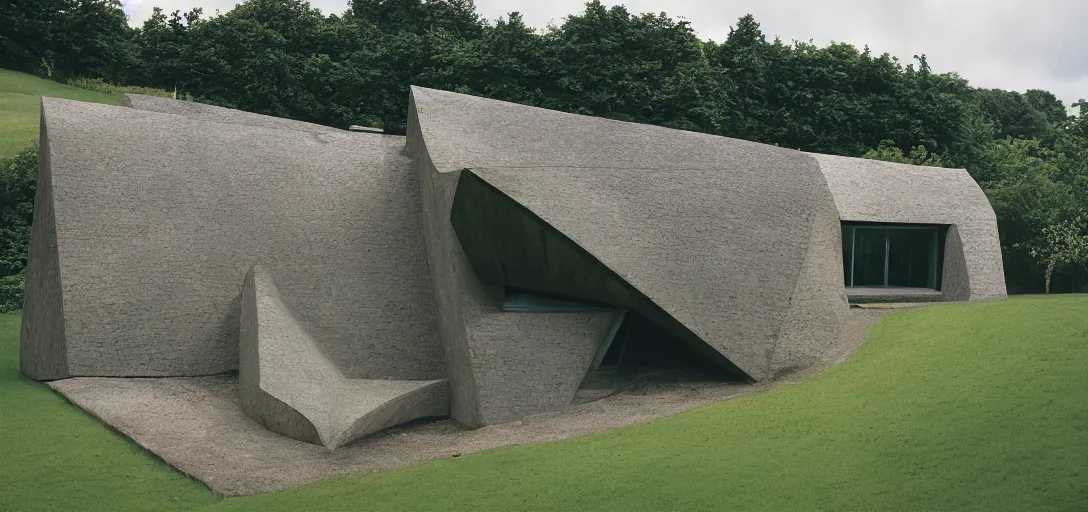 Image similar to scottish blackhouse designed by zaha hadid. outdoor landscaping designed by roberto burle marx. fujinon premista 1 9 - 4 5 mm t 2. 9. portra 8 0 0.