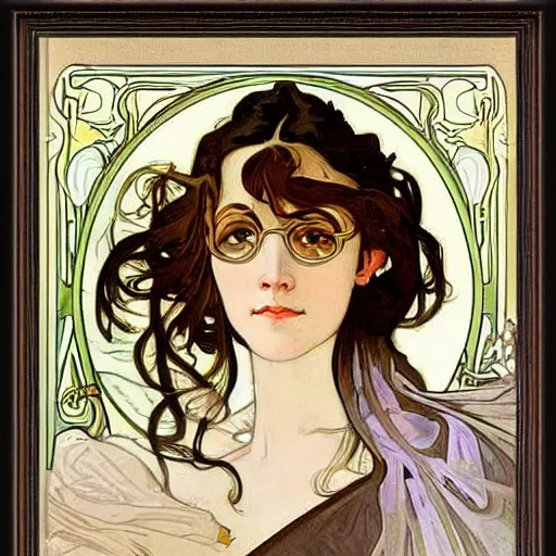 Prompt: an art nouveau painting by Alphonse Mucha of a 35 year old woman with light brown hair and large black framed glasses