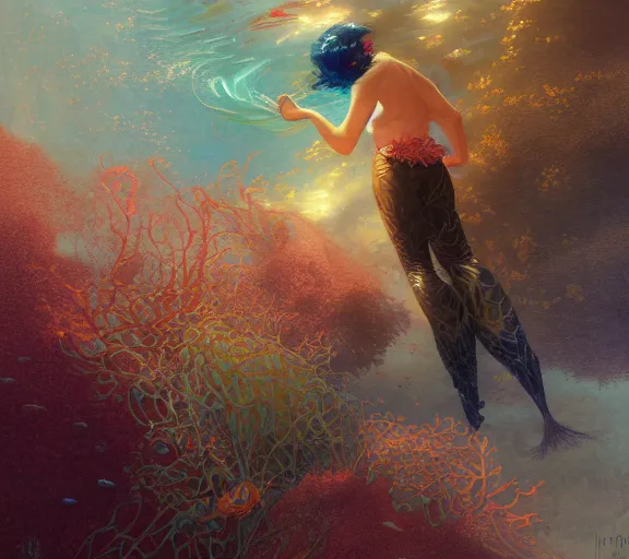 Prompt: harmony, black haired merman yoongi golden fins, colorful coral, muted colors, wlop, james jean, victo ngai, highly detailed, fantasy art by craig mullins, thomas kinkade