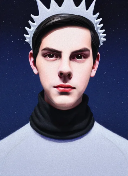 Image similar to portrait of teenage jughead jones wearing a light grey crown, crown, blue turtleneck, 1 9 5 0 s, closed eyes, photorealistic, black hair, glowing lighting, intricate, elegant, glowing lights, highly detailed, digital painting, artstation, concept art, smooth, sharp focus, illustration, art by wlop, mars ravelo and greg rutkowski