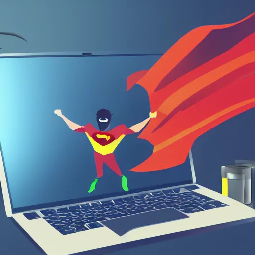 Image similar to developer superhero with laptop flying to save the day, dramatic cinematic