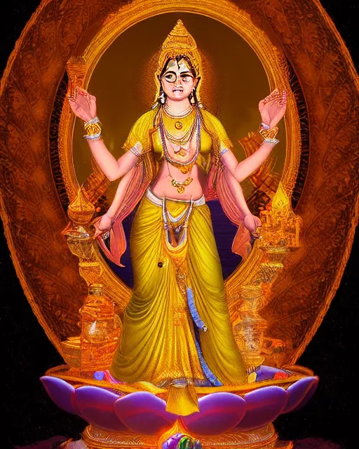 Prompt: lakhsmi hindu goddess of abundance, golden light, digital art, artstation, detailed, gold, magic, energy, cosmic, sacred, holy, healing,