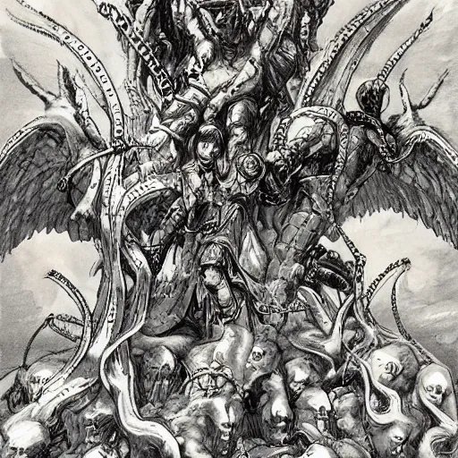 Prompt: book of enoch, angels capture demons with huge chains and send them to hell, by tezuka, trending on artstation