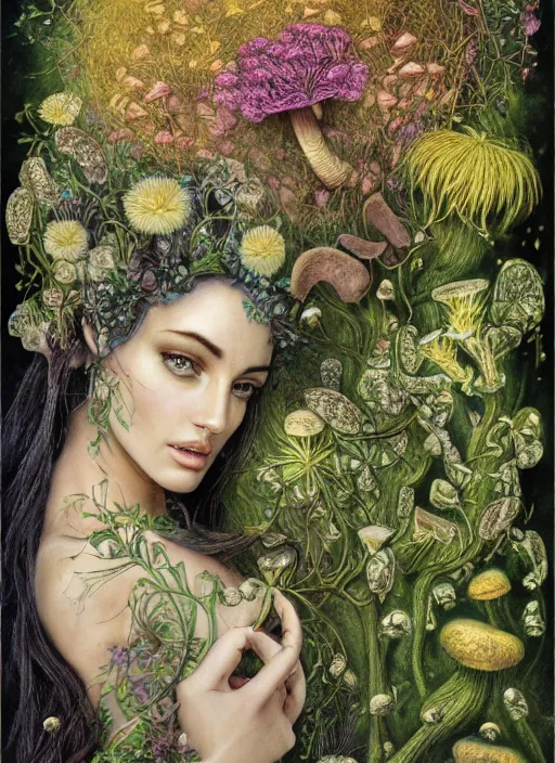 Image similar to arabesques grotesque painting with mushrooms, dandelions, crystals, ferns, very beautiful fairy face that looks like megan fox, with perfectly beautiful dark symmetrical eyes, by james jean and hiroshi yoshida and brian froud, photo, textured, colorful, 8 k resolution