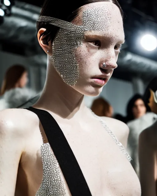 Image similar to olivia wearing an outfit made from raw diamonds, catwalking at new york fashion week, soft sporty physique, black hair, freckles, pale skin, photo by greg rutkowski, stage lighting, soft colors, female beauty, intricate detail, elegance, 3 5 mm, depth of field, masterpiece