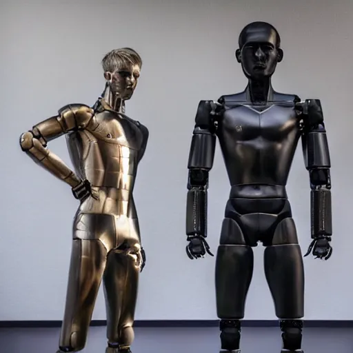 Image similar to a realistic detailed photo of a guy who is an attractive humanoid who is half robot and half humanoid, who is a male android, soccer player martin ødegaard, shiny skin, posing like a statue, blank stare, by the pool, on display, showing off his muscles, humanoid robot, frozen ice statue