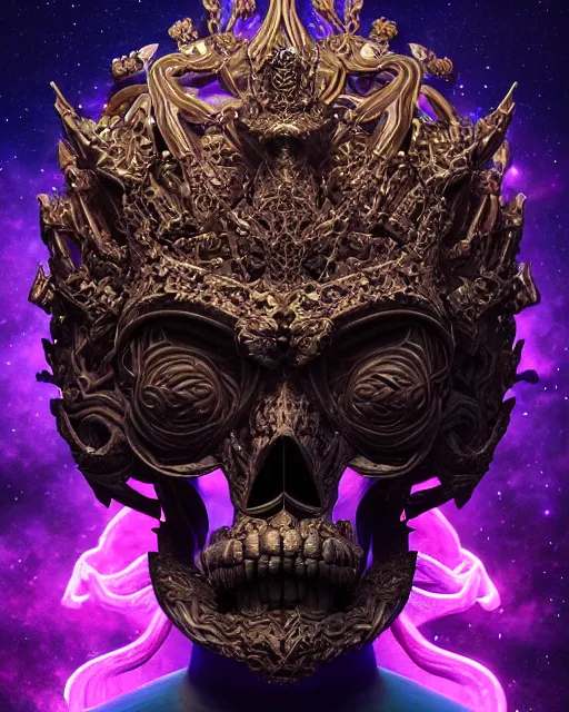 Image similar to 3 d ornate carved dark cosmic king queen profile portrait, sigma 5 0 0 mm f / 5. beautiful intricate highly detailed quetzalcoatl skull. bioluminescent, plasma, lava, ice, water, wind, creature, thunderstorm! artwork by tooth wu and wlop and beeple and greg rutkowski, 8 k trending on artstation