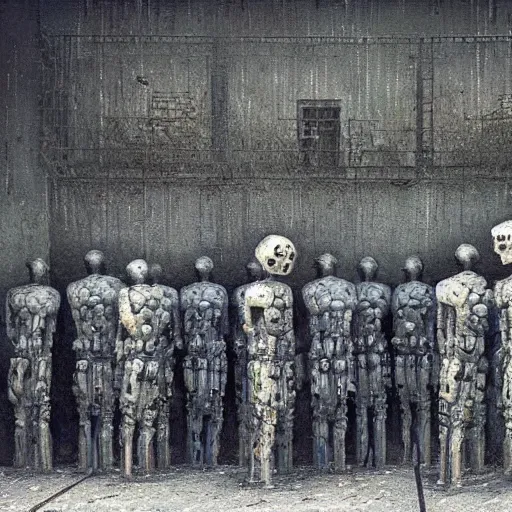 Image similar to humanoid robot prisoners in a dystopian prison yard, guards watching them, highly detailed beksinski art