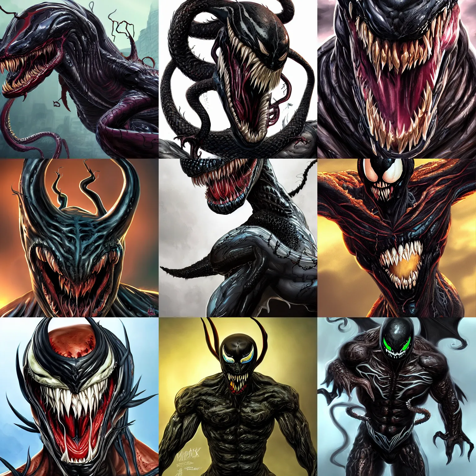 Prompt: venom - human - dragon hybrid, marvel comics, digital art, highly detailed, scary, slimey, gooey, sticky, 4 k hd, trending in artstation