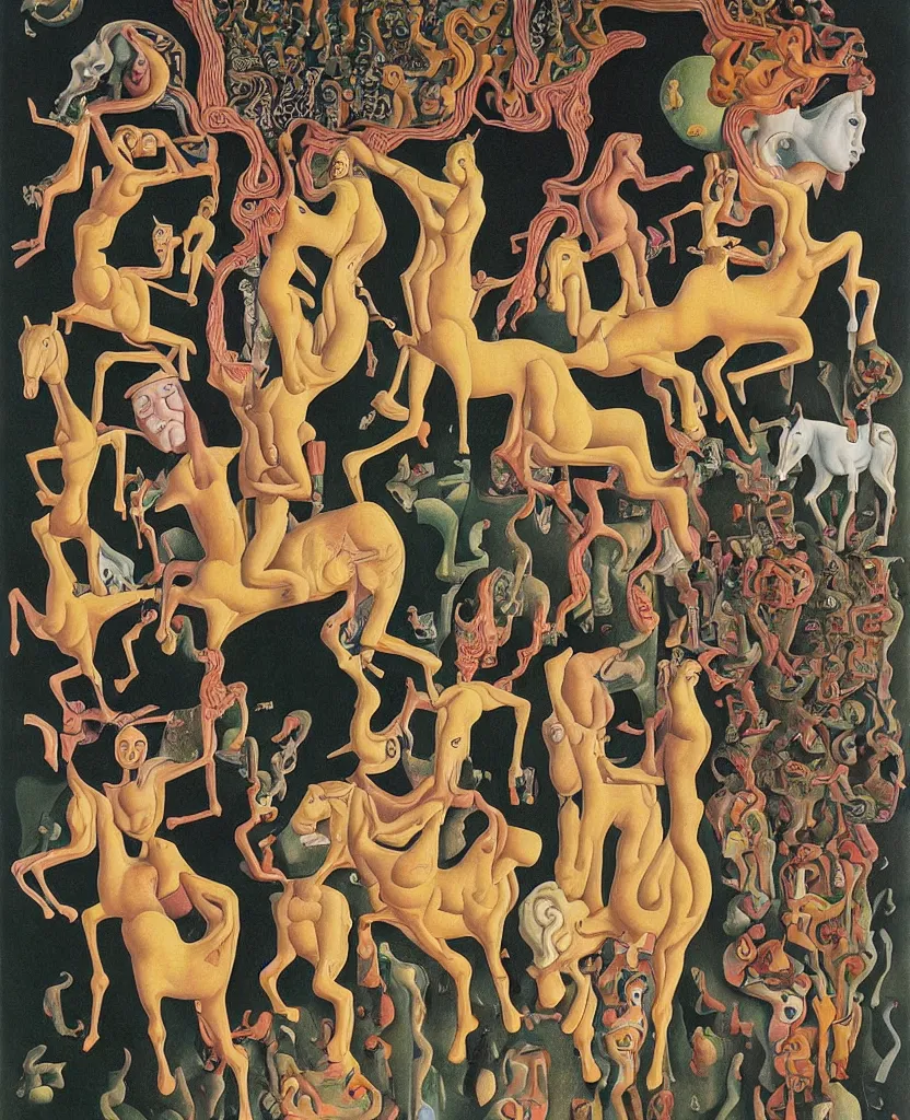Image similar to the three fates and their horses | pain, pleasure, suffering, adventure, love, life, afterlife, souls in joy and agony disaster, | Japanese pop-surrealism | miracle, love | abstract oil painting, gouche on paper by MC Escher and Salvador Dali on LSD |