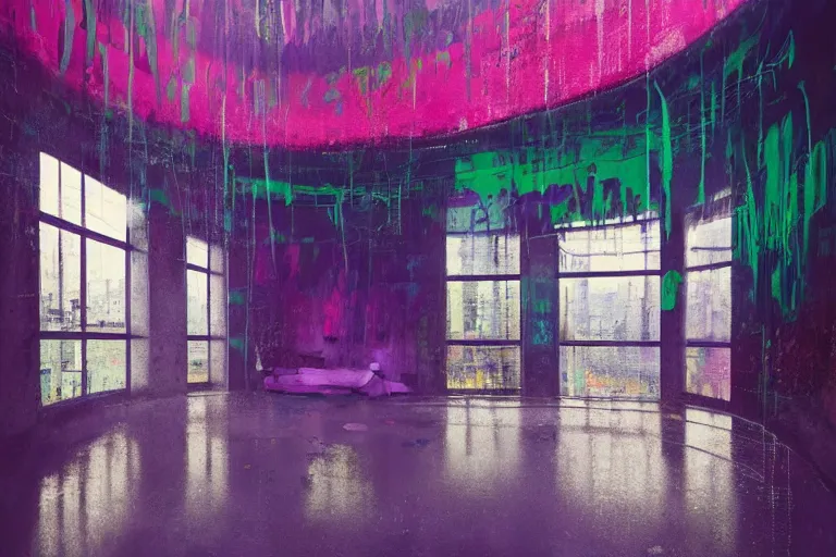 Image similar to abandoned 9 0 s interior with large organic circular windows, rain like a dream, oil painting, cinematic, dramatic, volumetric lighting, cyberpunk, basquiat + francis bacon + gustav klimt + beeple, elevated street art, fantasy lut, textural, pink, blue, purple, green,