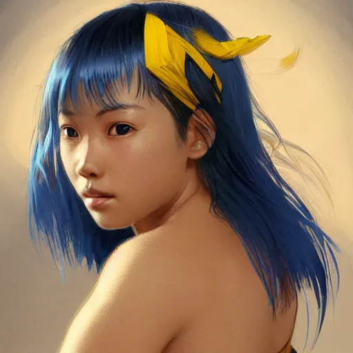 Image similar to filipino girl with blue - yellow hair and a nose band aid, highly detailed, digital painting, artstation, concept art, smooth, sharp focus, illustration, art by artgerm and greg rutkowski and alphonse mucha