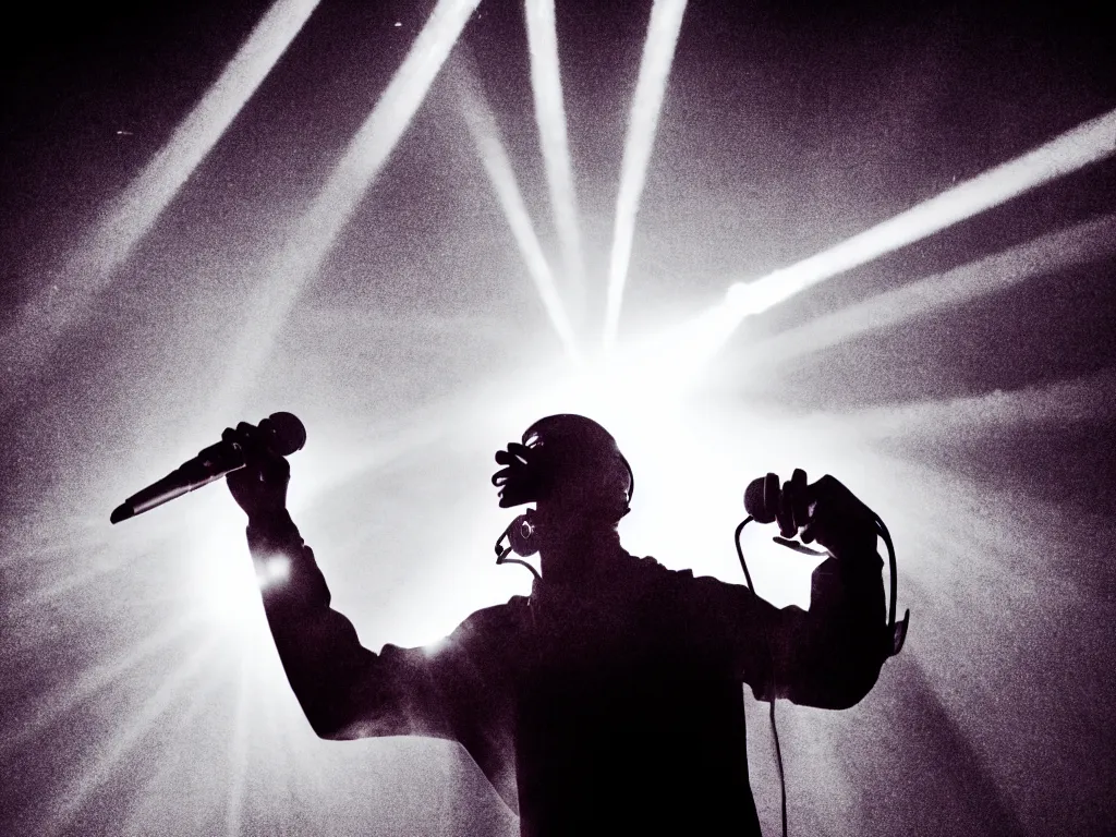 Prompt: man holding a microphone and rapping, epic pose, medium close-up, silhouetted, distinct figure, psychedelic hip-hop, laser light show, fog, beams of light