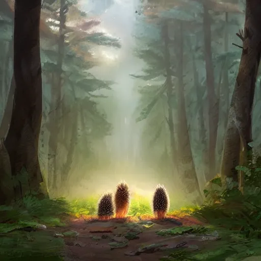 Image similar to a family of hedgehogs in the forest, in the style of makoto shinkai and greg rutkowski and james gurney