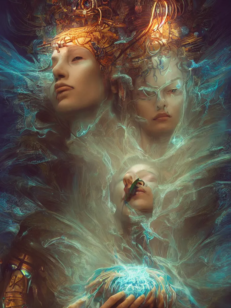 Image similar to an ancient mystical alluring female shaman generating flowing energy and surrounded by wisps of incense smoke sits meditating in a magical cybernetic robot temple, face face face, by karol bak, 3 d, cinema 4 d render, trending on artstation