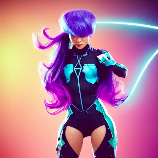 Image similar to a stunning high shutter speed action upper body portrait of a beautiful woman with a ombre purple pink hairstyle with head in motion and hair flying while wearing futuristic navy blue and teal battle bodyarmor and pauldrons by marvel comics, outrun, vaporware, action photography, highly detailed, fine detail, intricate, digital art, trending on artstation