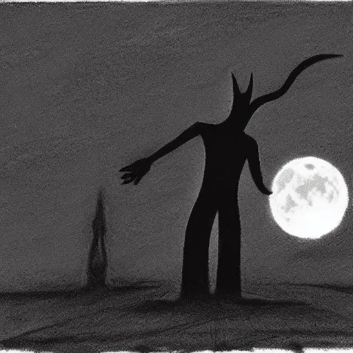 Prompt: Nyarlathotep in the sky silhouetted by the moon as he approaches earth. Street view, charcoal drawing, dynamic lighting, highly detailed, grim.
