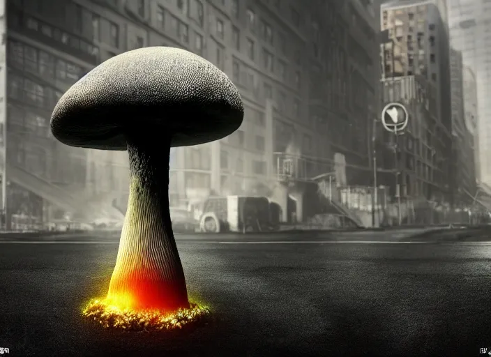 Image similar to nuclear mushroom in the city . Horror dystopia style. Highly detailed 8k. Intricate. Nikon d850 300mm. Award winning photography.