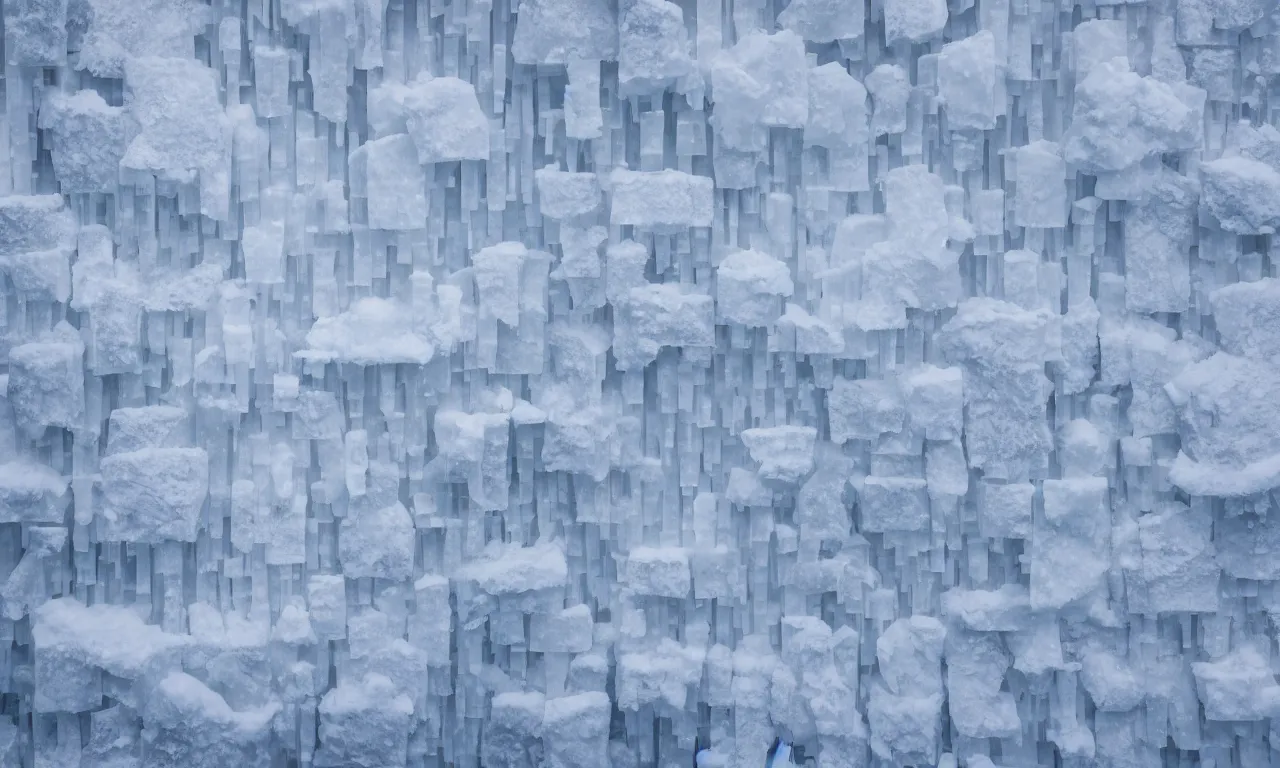 Image similar to a wall made of stacked ice in distance snowstorm ， high quality, octane render ， icey tundra, snowy landscape