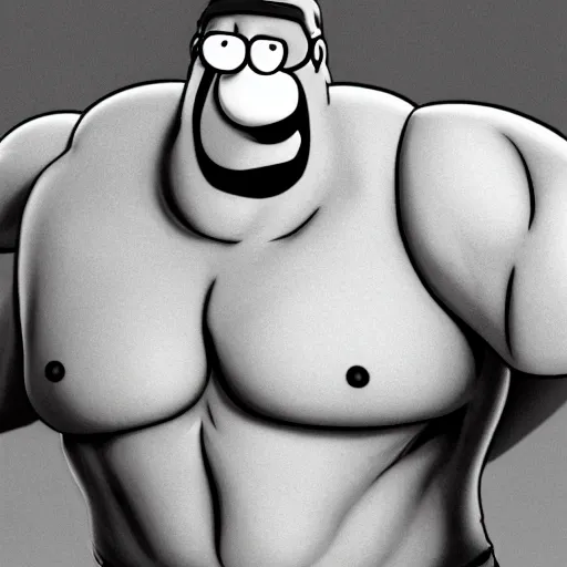 Image similar to Peter Griffin the giga chad, muscular close up grayscale photo