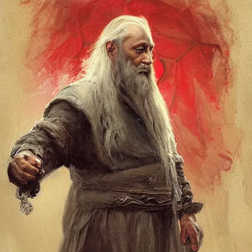 Image similar to Solomon Joseph Solomon and Richard Schmid and Jeremy Lipking victorian genre painting portrait painting of a old rugged dragon wizard huge dragon from the hobbit , red background