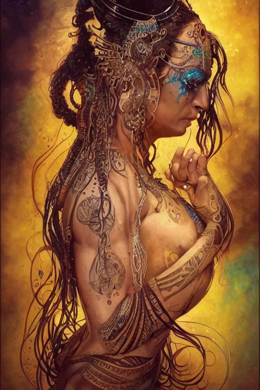 Prompt: a centered render of a alluring festival hippie with tribal tattoos surrounded by a underwater ink pour and flowing liquid gallium and sacred geometry, perfect body, face, hands, powerful, cinematic, beautifully lit, by artgerm, by karol bak, by donato giancola, by boris vallejo, 3 d, trending on artstation, octane render, 8 k