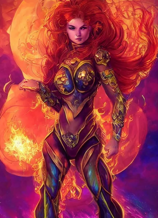 Image similar to front portrait hands behind body pose of attractive Starfire with ginger wavy hair, hands behind her body pose!, Intricate overlay flames imagery , D&D!, fantasy style, sharp focus!, ultra detailed, art by Artgerm and Peter Andrew Jones, WLUP