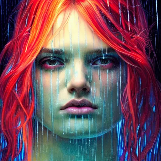 Prompt: bright asthetic portrait LSD glowing backlit rain on face and wet hair, fantasy, intricate, elegant, dramatic lighting, highly detailed, lifelike, photorealistic, digital painting, artstation, illustration, concept art, smooth, sharp focus, art by John Collier and Albert Aublet and Krenz Cushart and Artem Demura and Alphonse Mucha