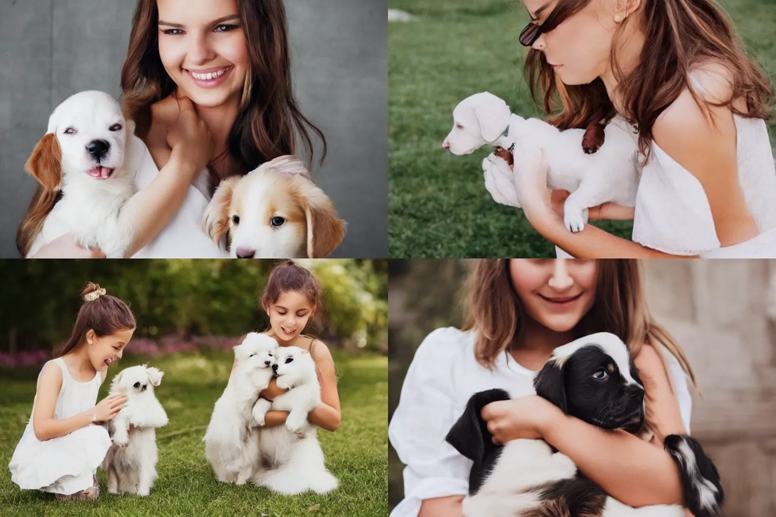 Prompt: beautiful girl in white dress holding a puppy