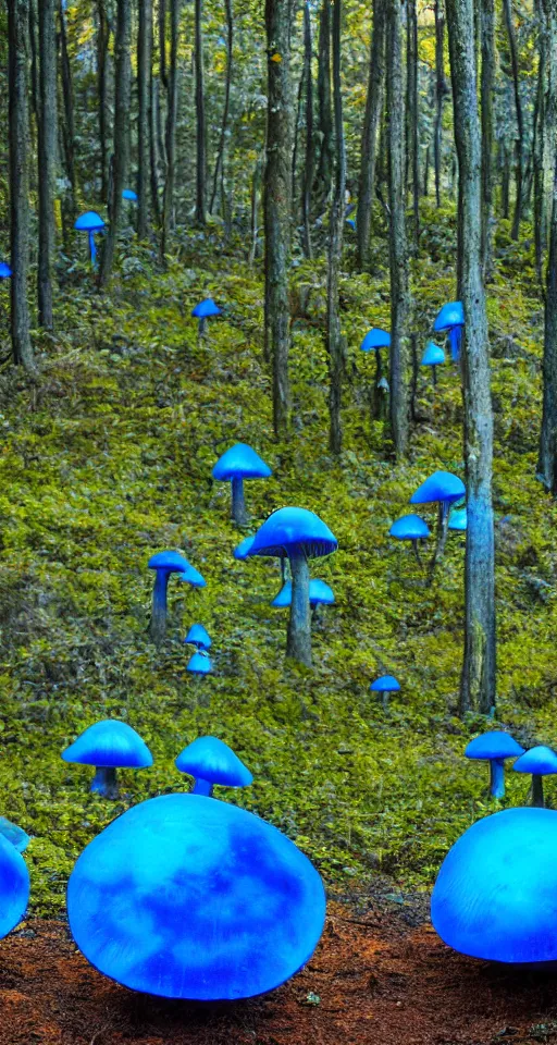 Prompt: 4 huge glowing blue mushrooms grow from the same spot, Sony a7R