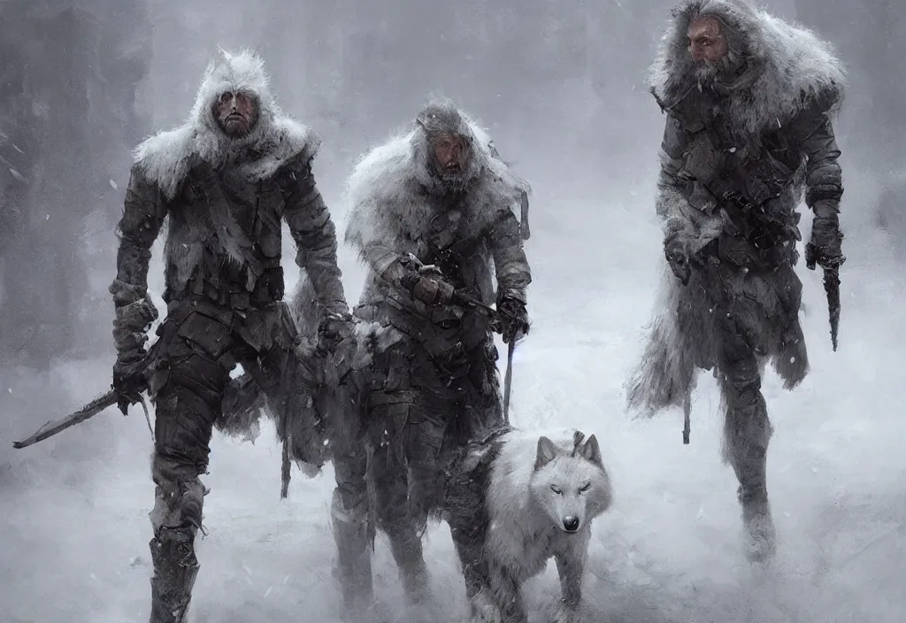 Image similar to a man his knees morphing into a white wolf, artstation, jakub rozalski, high detail, dramatic lighting