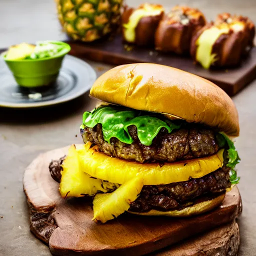 Image similar to juicy hamburger with crispy buns topped with pineapple, 8 k resolution, food photography, studio lighting, sharp focus, hyper - detailed