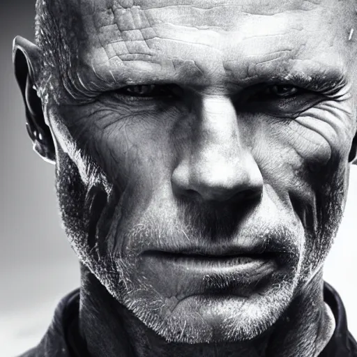 Prompt: an ultra realistic, cinematic, headshot portrait, of ed harris as man in black in westworld, half - human half - robot half - cyborg, detailed, deep focus, movie still, dramatic lighting, by michal karcz and yoshitaka amano
