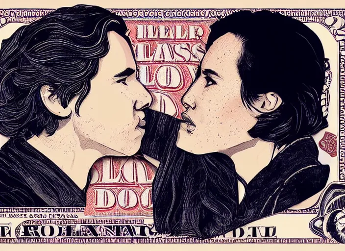 Image similar to reylo kissing, dollar bill