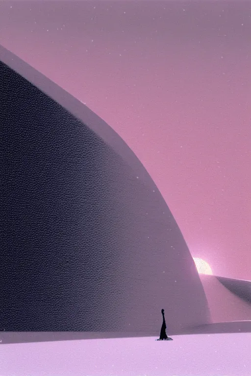 Image similar to emissary space by arthur haas and bruce pennington and john schoenherr, photo realism, cinematic matte painting, minimal modern, zaha hadid building in the mountains with falling snow, dark monochrome color palate, pink sunset,