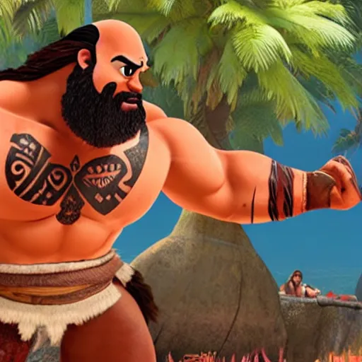 Image similar to kratos fighting with moana rendered by disney