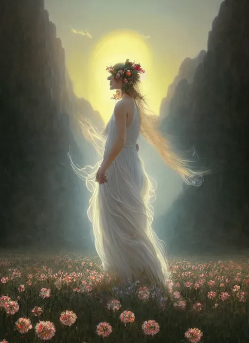 Image similar to oil painting portrait of a young woman with flowers in her long dark flowing hair in a white dress, dancing levitating floating over a field of flowers at sunset with mountains in the background, hazy, digital art, chiaroscuro, artstation, cinematic, golden hour, digital art painting by greg rutkowski, bouguereau, hazy atmosphere, flowers, cinematic lighting