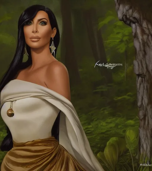 Prompt: film still of elegant arab kim kardashian as snow white , decent, in a forest by a pond with frogs, by artgerm, makoto sinkai, magali villeneuve, Gil Elvgren, Earl Moran,Enoch Bolles, symmetrical,