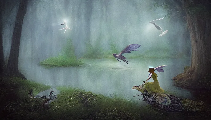 Image similar to a fairy riding a heron over a misty lake, ambient lighting, light bloom, cool lighting, in the style of Edward Robert Hughes!! and Over the Garden Wall!!!