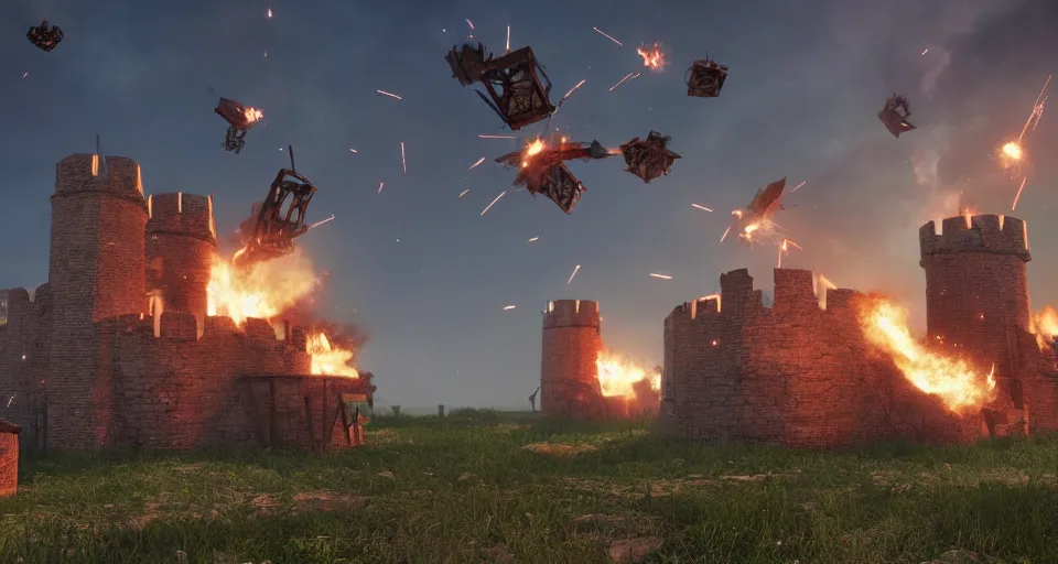 Prompt: five giant and powerful medieval trebuchets fireing on a medieval fortress, destroying the walls, fire and explosion, debris flying around, octane render, unreal engine