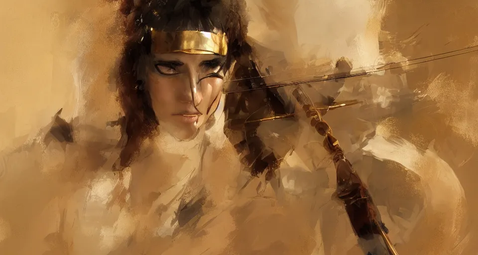 Image similar to craig mullins and ghibli digital art of masked female violinist, she wears a strong exotic costumes, gold jewelry, black hair, inside the theater, many audience, solo performance on stage unreal engine, hyper realism, realistic shading, cinematic composition, realistic render, octane render, detailed textures, photorealistic, wide shot