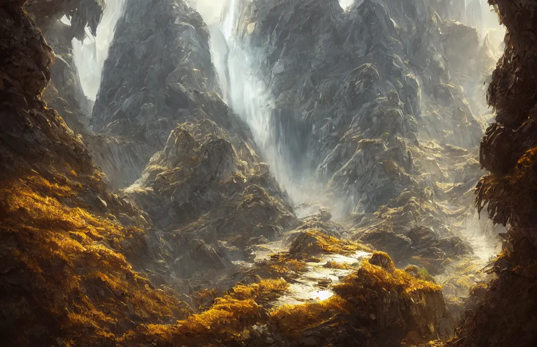 Image similar to a huge mountains and abandoned underground away in the style of martin deschambault, detailed dreamscape, hyperreal phantastic, intricate details in environment, golden ratio, high aestehtic, waterfalls and lakes, cinematic light dramatic light, lightrays, flying birds in distance, trending on artstation